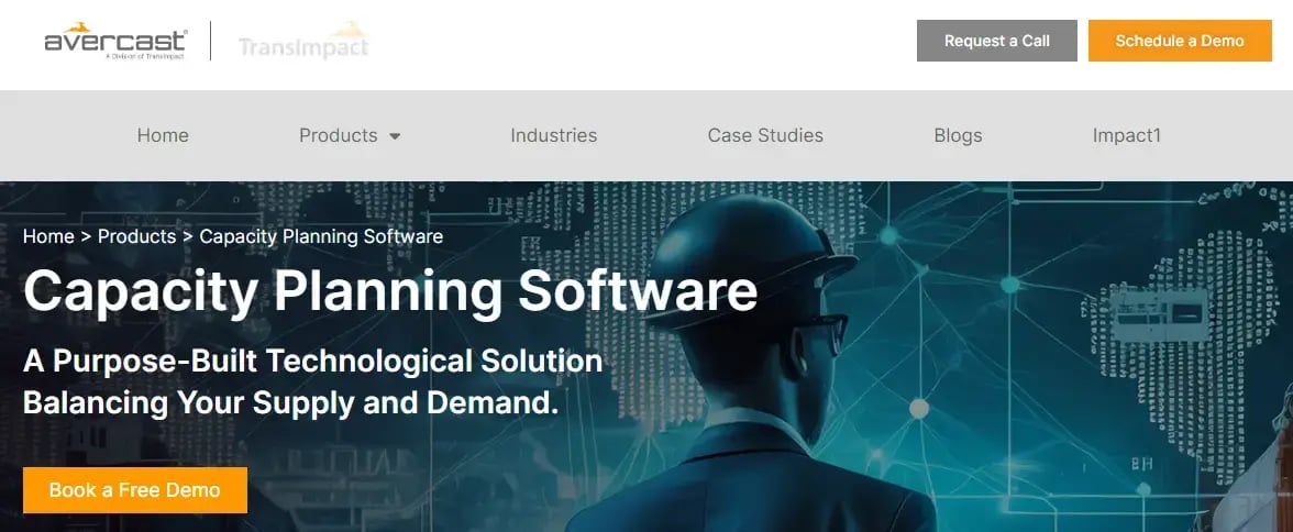 Avercast homepage, offering capacity planning software.