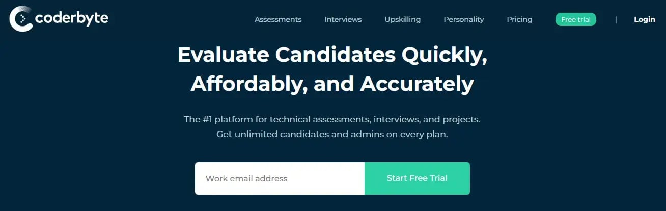 The homepage of Coderbyte, a platform for conducting technical assessments, interviews, and projects.