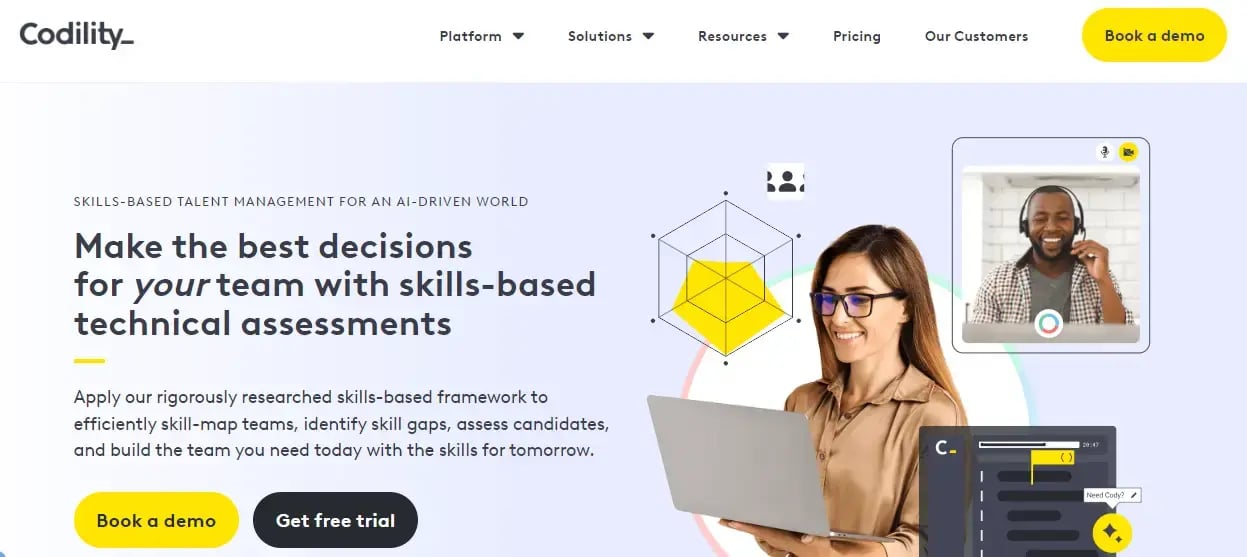 Codility homepage showcasing a platform for skills-based talent management.