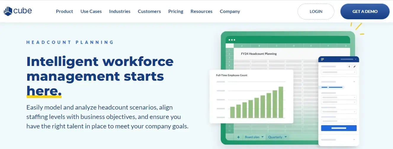 Cube homepage, offering headcount planning software for intelligent workforce management.