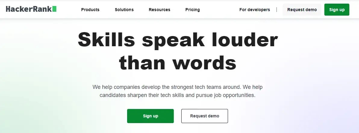 Homepage of HackerRank, a skills-based hiring platform for tech teams and candidates.