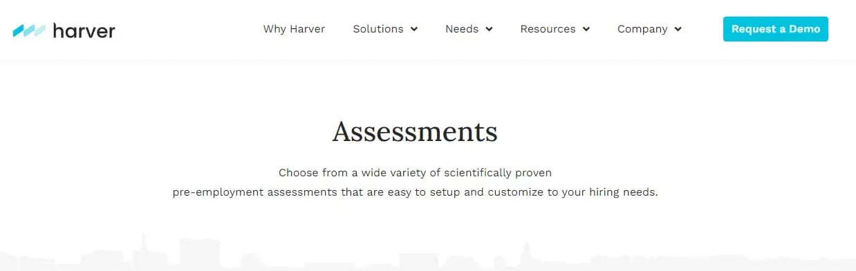 Harver homepage showcasing their pre-employment assessments.