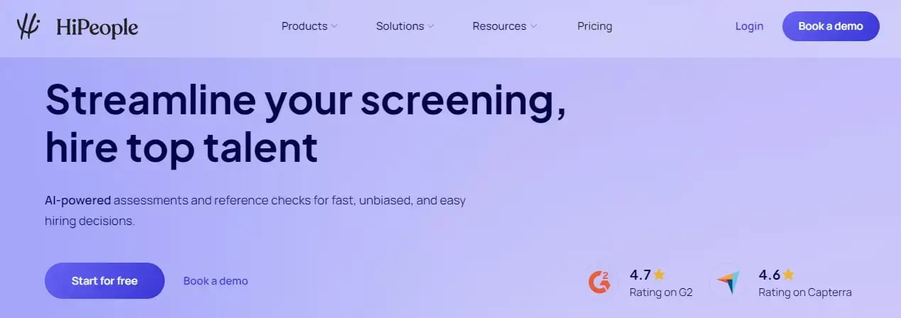 HiPeople homepage features an AI-powered hiring platform for streamlined screening and top talent acquisition.