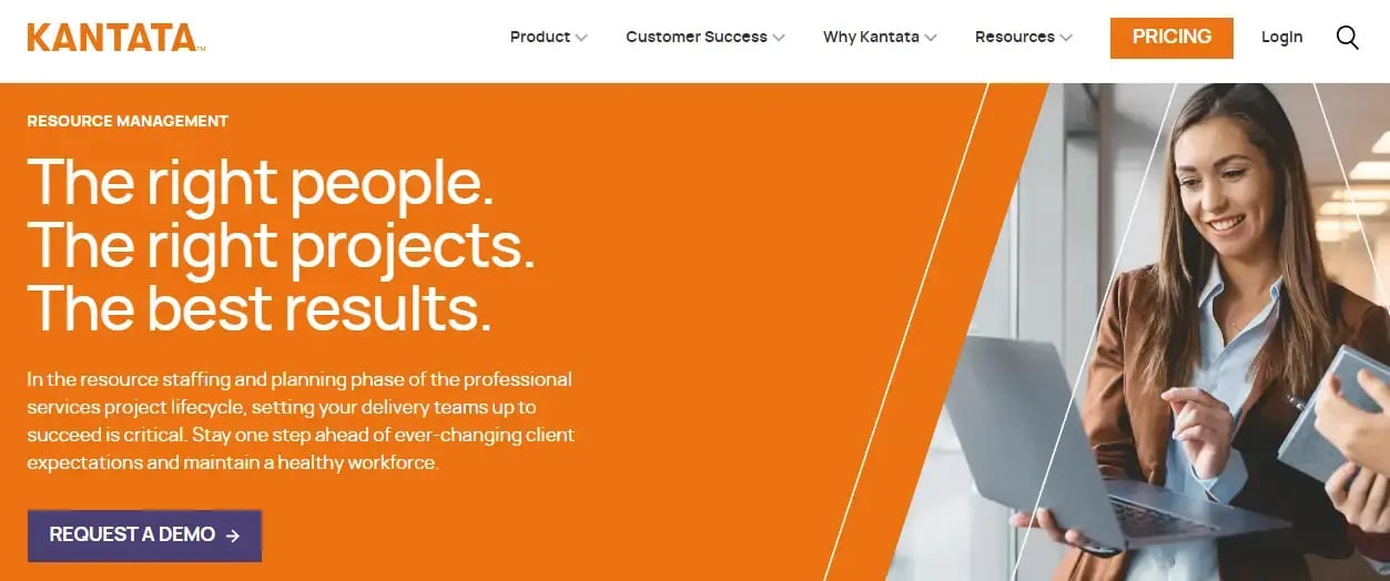 Kantata homepage, offering resource management software for professional services firms.