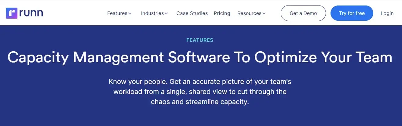 Runn homepage, offering capacity management software.