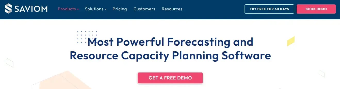 Saviom homepage, offering powerful forecasting and resource capacity planning software.