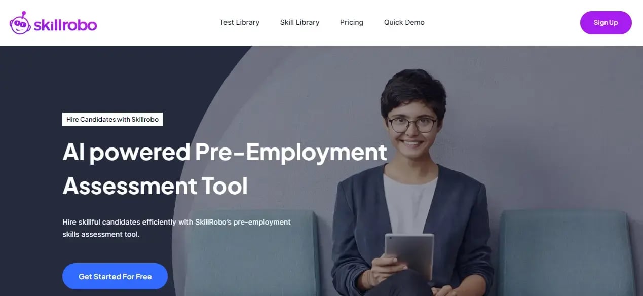 Skillrobo homepage, an AI-powered pre-employment skills assessment tool.