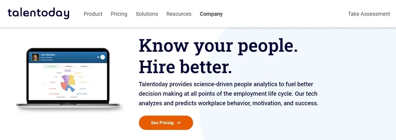 Talentoday homepage features a laptop with a dashboard of people analytics.