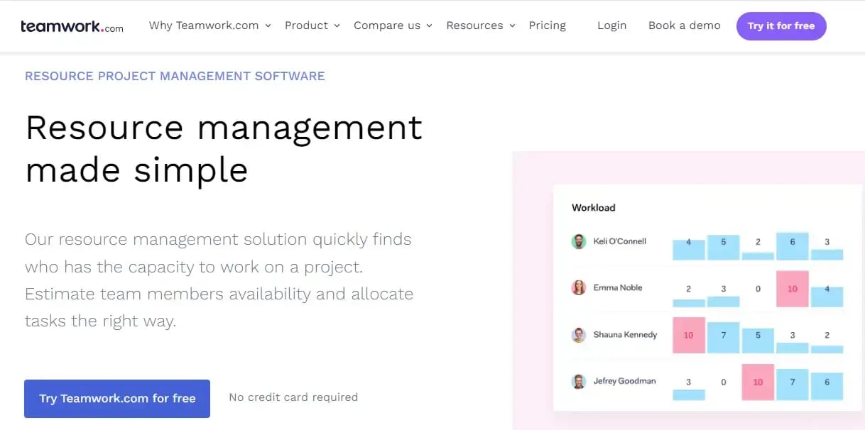 Teamwork.com homepage, offering resource management software to simplify project management.