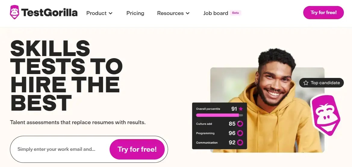 TestGorilla homepage, a platform for skills-based talent assessments.