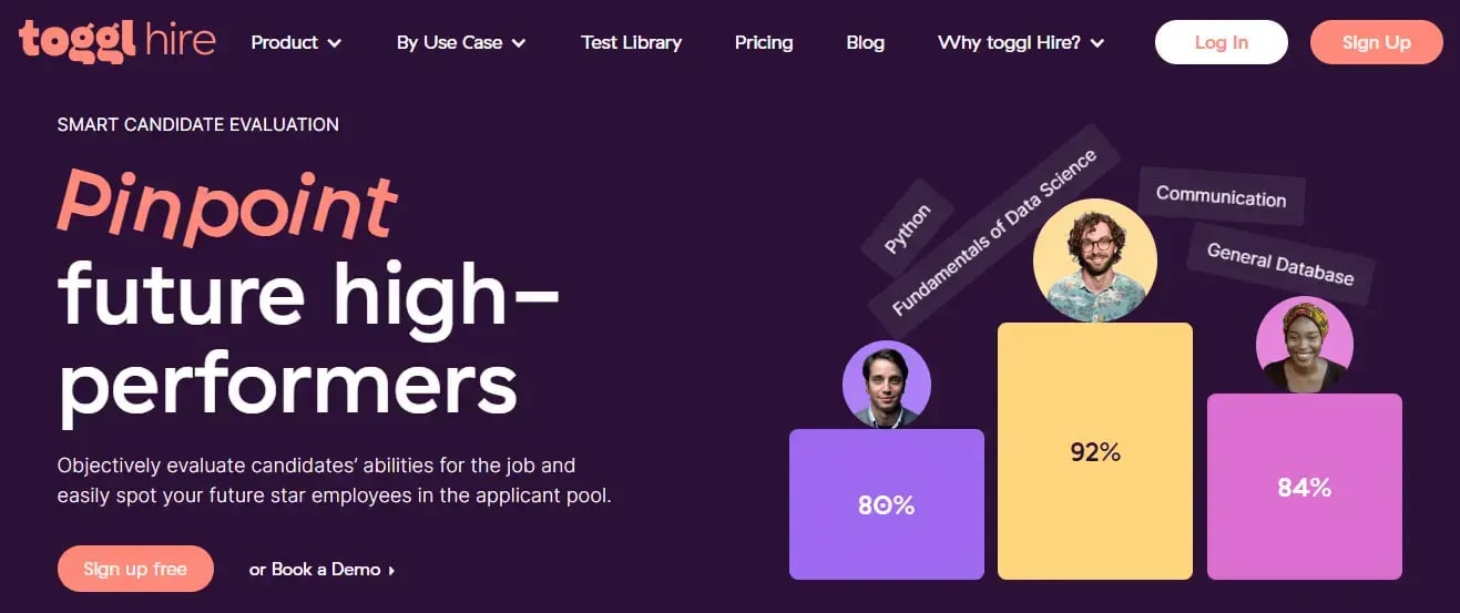 Toggl Hire homepage showcasing a platform for smart candidate evaluation.